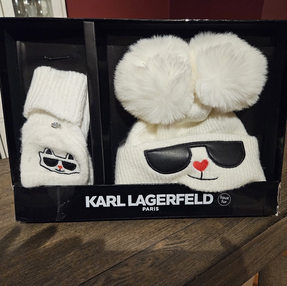 Karl Lagerfeld Accessories - Karl Lagerfeld Paris Hat + Gloves Box Set Choupette Cat Patch White Knit